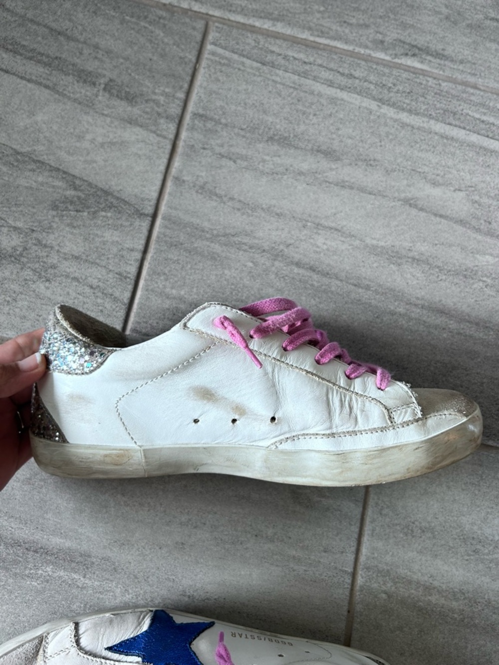 Golden Goose Superstar Sneakers Blue Star Glitter Heel White Leather Size 39 - Picture 6 of 16